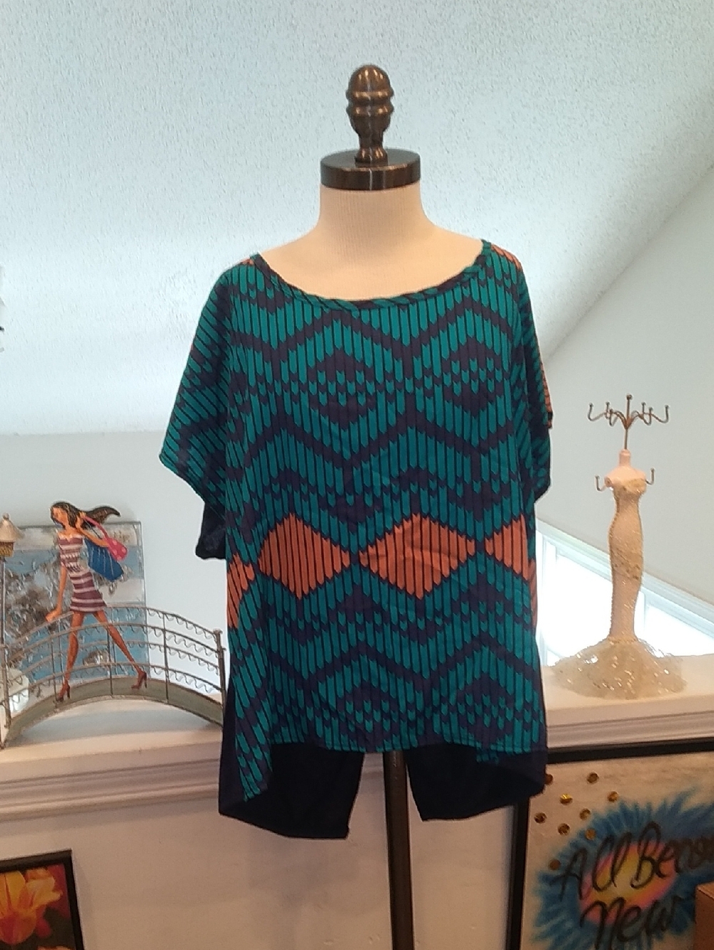Cozy Casual Teal and Orange Geometric Tunic Top